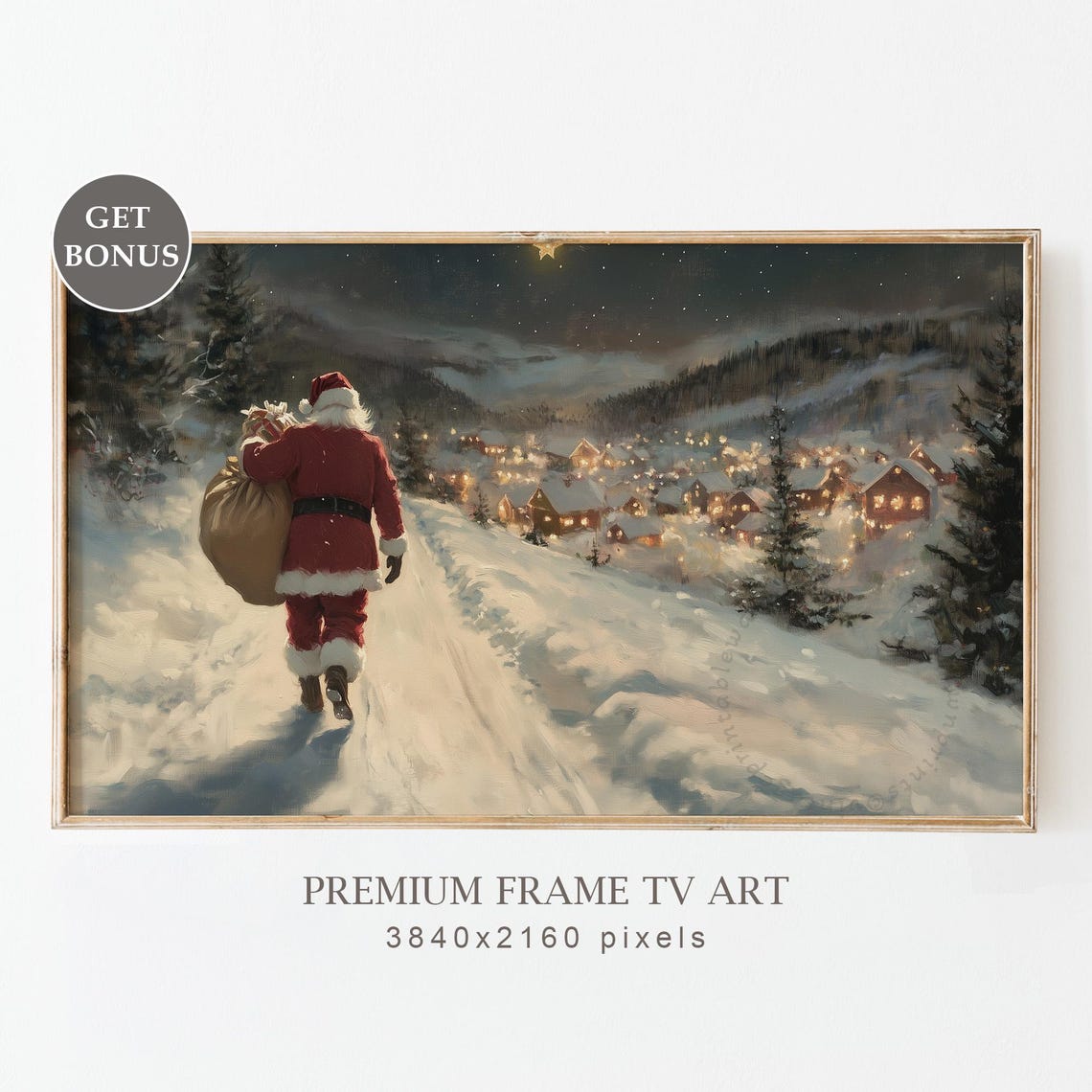 Vintage Christmas Frame Tv Art Santa In Snowy Village Landscape Painting Farmhouse Christmas Holiday Decor Tv Art