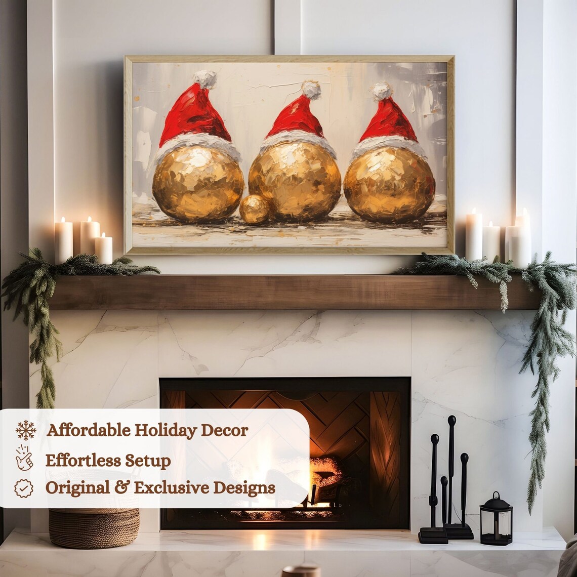 Christmas Ornaments With Santa Hat, Seasonal Art Print - Image 2