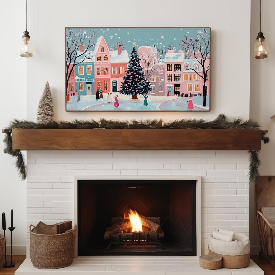 Snowy Pink Village Christmas Landscape Art Print - Image 3
