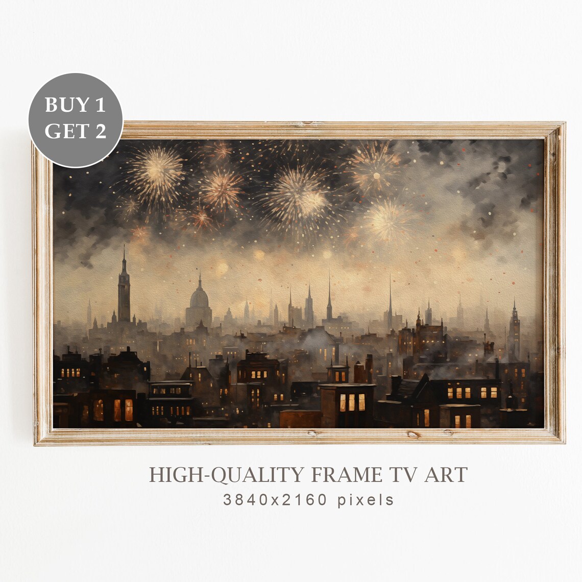 Vintage City Skyline New Years Eve Fireworks Night Art Poster