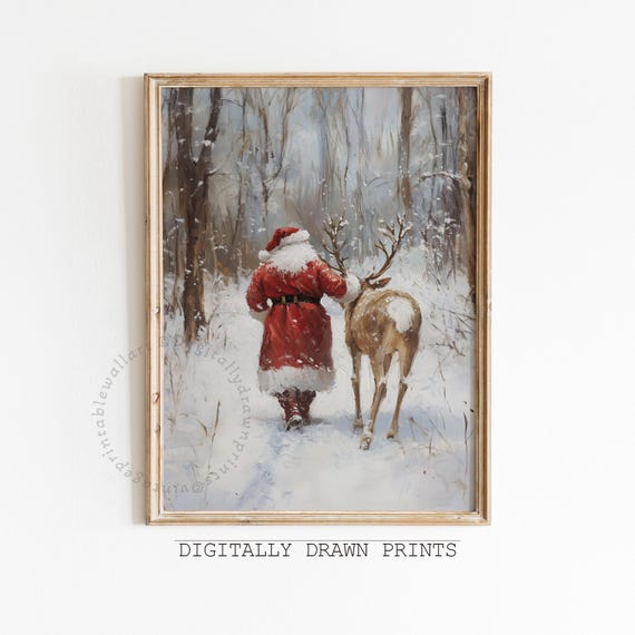 Santa Claus And Reindeer Christmas Art Print