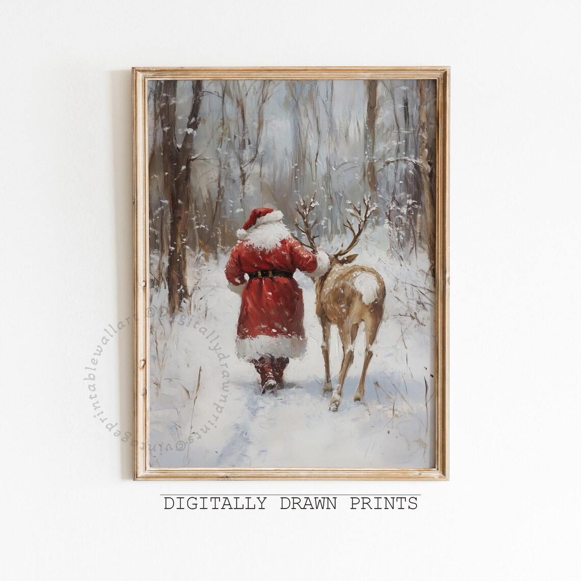 Santa Claus And Reindeer Christmas Art Print
