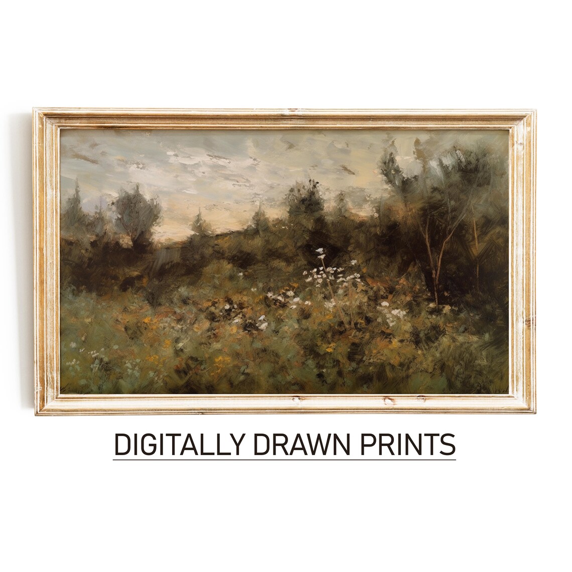 Wildflower Field Oil Painting White Blooms Moody Trees Golden Sky Vintage Print