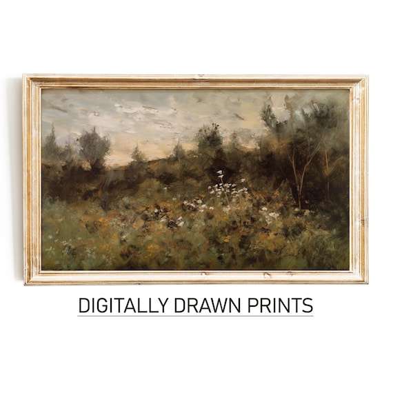 Wildflower Field Oil Painting White Blooms Moody Trees Golden Sky Vintage Print