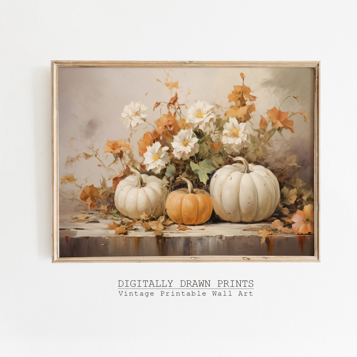 White Pumpkins with Autumn Blooms Rustic Fall Harvest Still Life Print