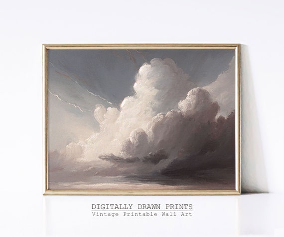 Cloudy Sky Painting Vintage Landscape Aesthetic Wall Art Muted Wall Art