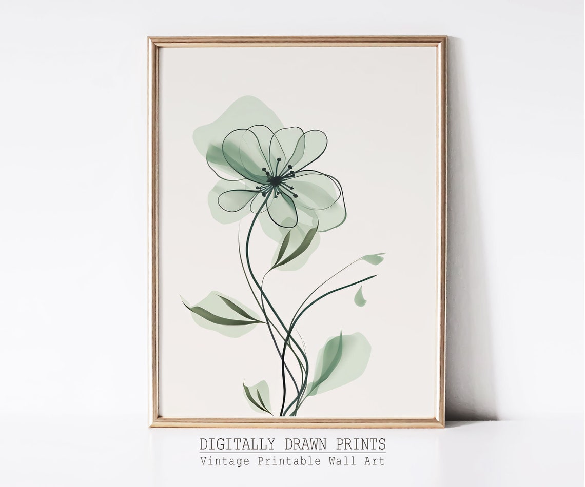 Sage Green Translucent Flower Line Illustration Boho Botanical Print - Image 3