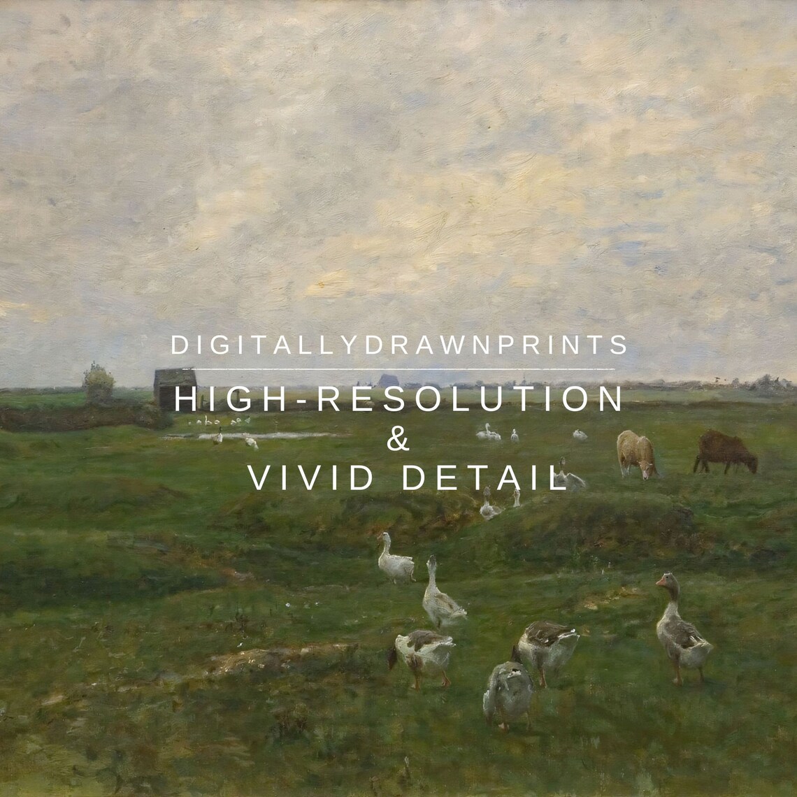 Geese And Cattle Grazing Green Pasture Vintage Countryside Painting Poster - Image 2