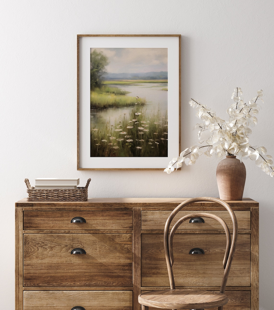 Daisies By Still Lake Vintage Floral Meadow Landscape Oil Painting Poster - Image 3