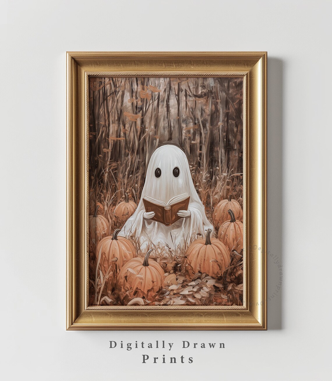 Ghost Reading in Pumpkin Field Halloween Art Print - Image 4