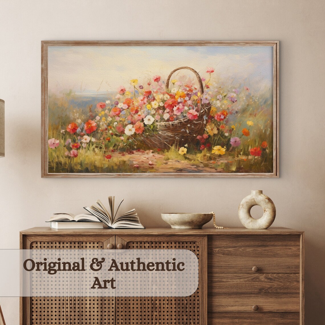 Basket Of Wildflowers Sunny Meadow Spring Oil Painting Art Print - Image 3