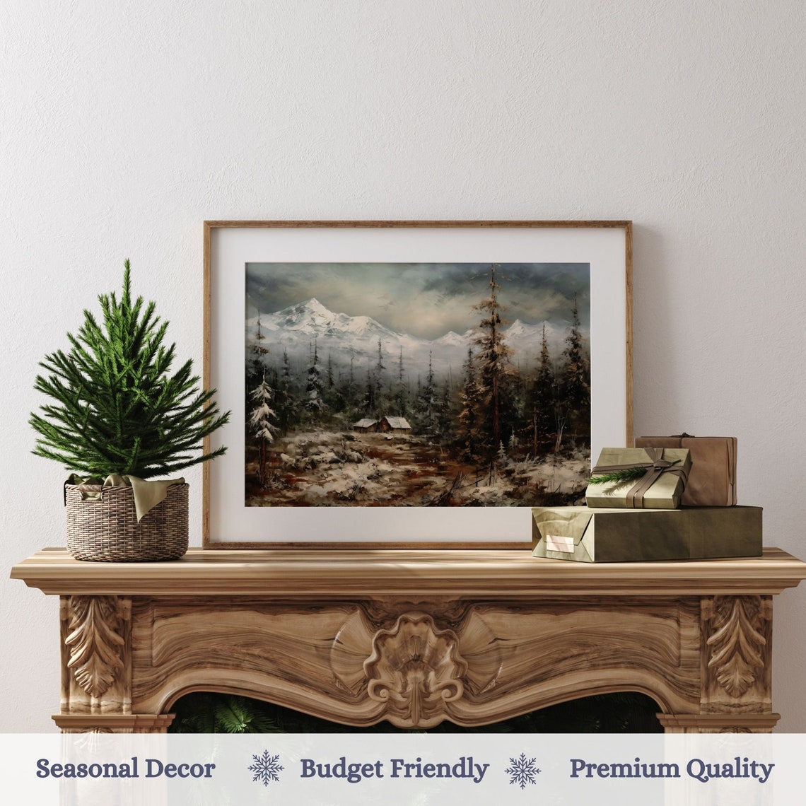Snowy Mountain Valley With Log Cabin Pines Moody Winter Forest Print - Image 3