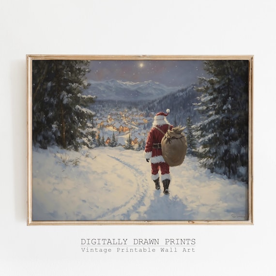 Santa Claus Snowy Night Walk To Village Vintage Christmas Eve Poster