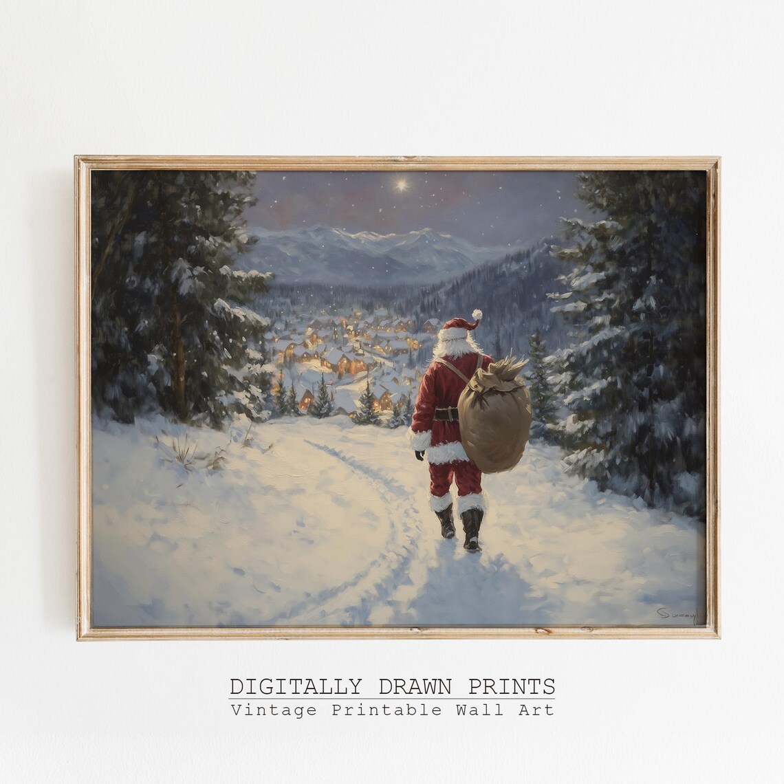 Santa Claus Snowy Night Walk To Village Vintage Christmas Eve Poster