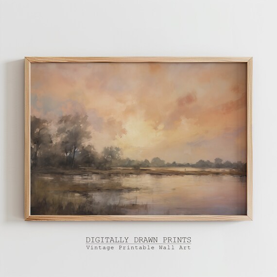 Glowing Sunset Over Calm Lake Marsh Silhouetted Trees Art Print