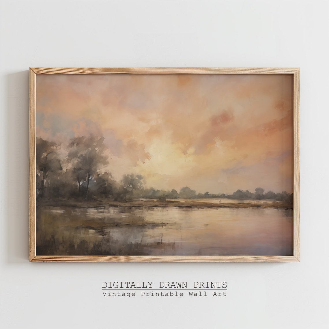 Glowing Sunset Over Calm Lake Marsh Silhouetted Trees Art Print