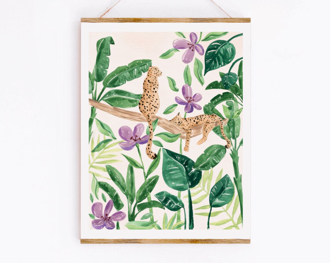 Jungle Leopards Art Print, Botanical Tropical Illustration