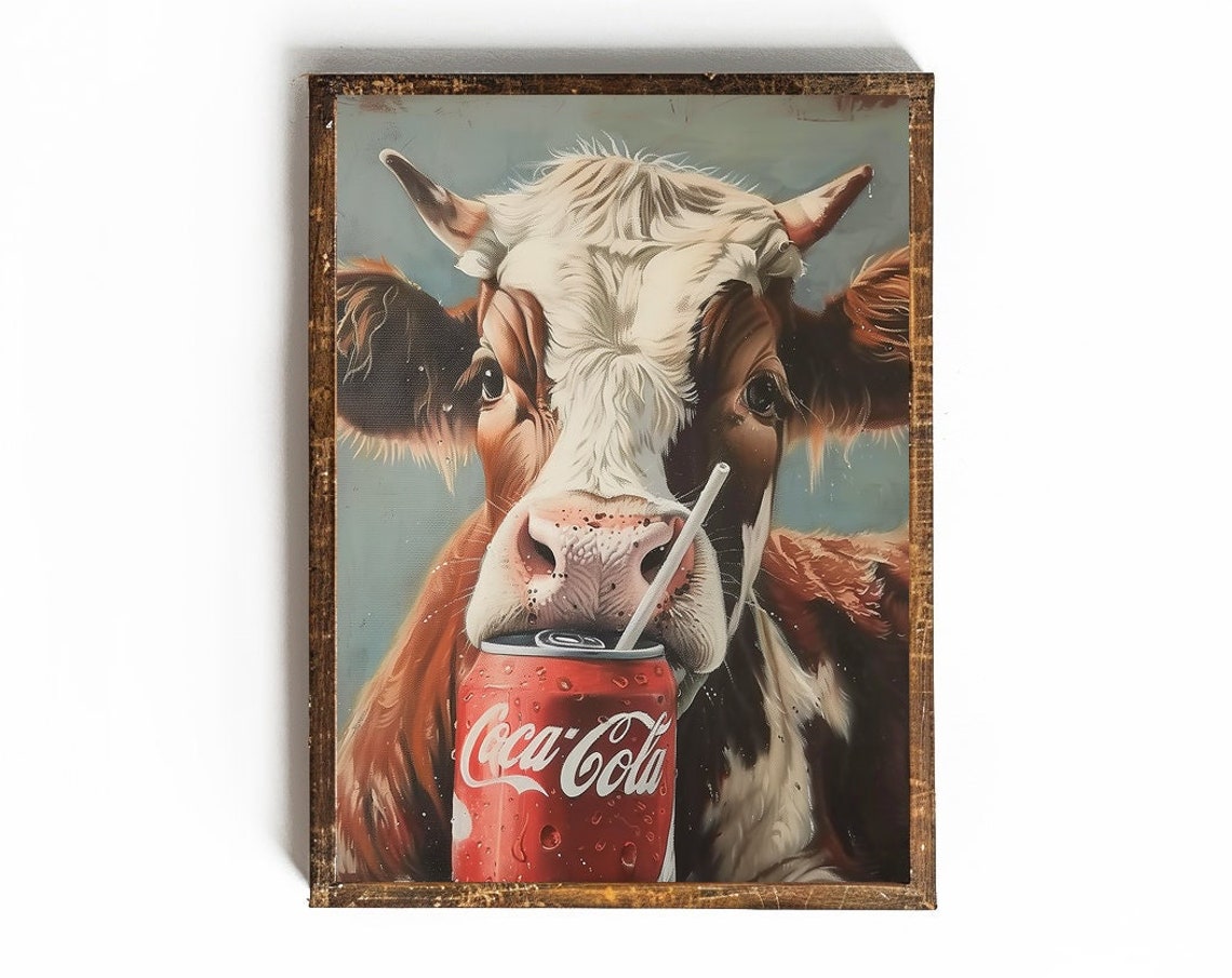 Funny Cow Sipping Coca-Cola Through a Straw Humor Art Poster