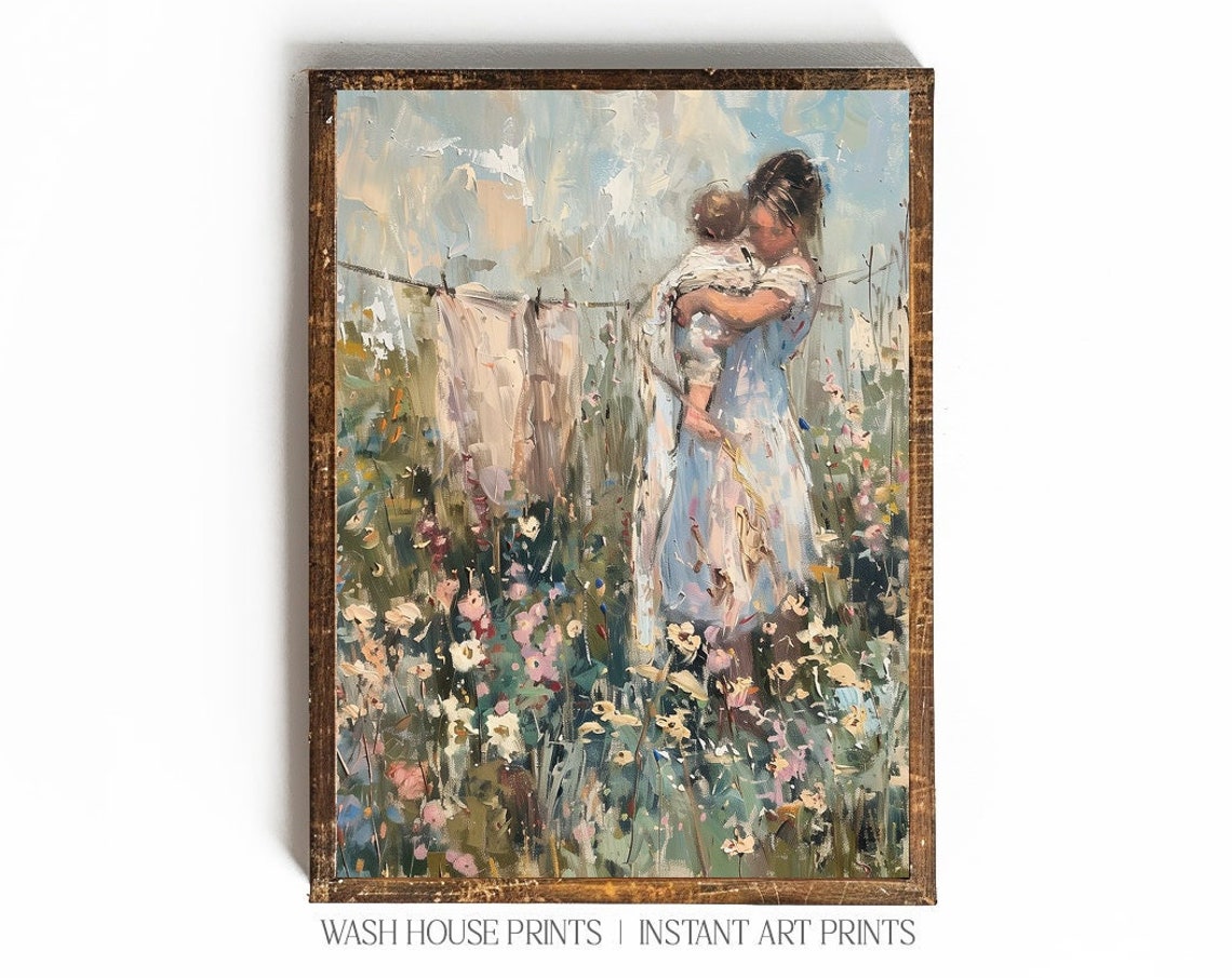 Mother Cradling Baby in a Blooming Garden by a Clothesline Poster