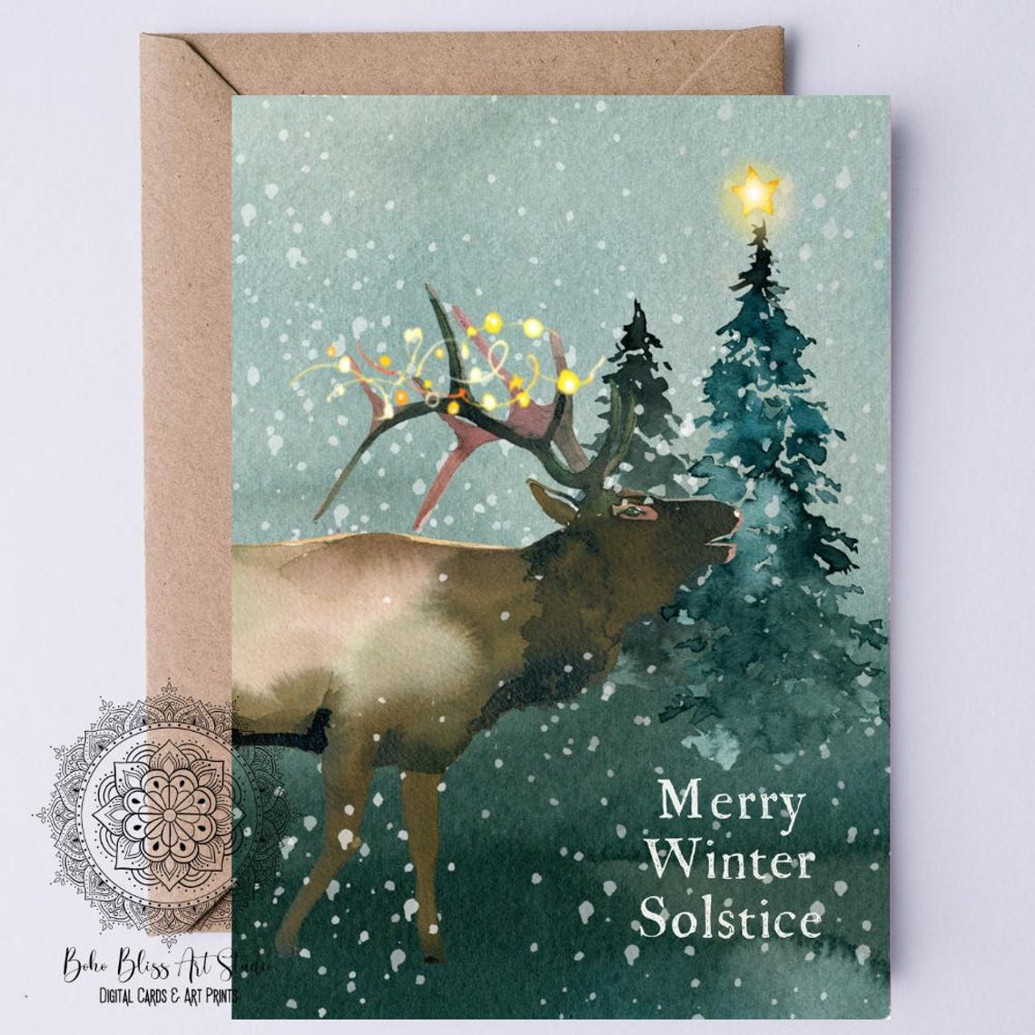 Merry Winter Solstice Reindeer Watercolor Fairy Lights Card Art Print