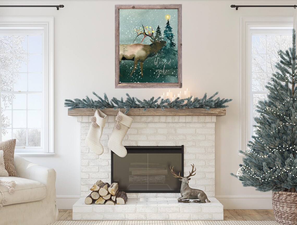 Blessed Yule Elk Watercolor Winter Solstice Snowy Forest Art Print - Image 2