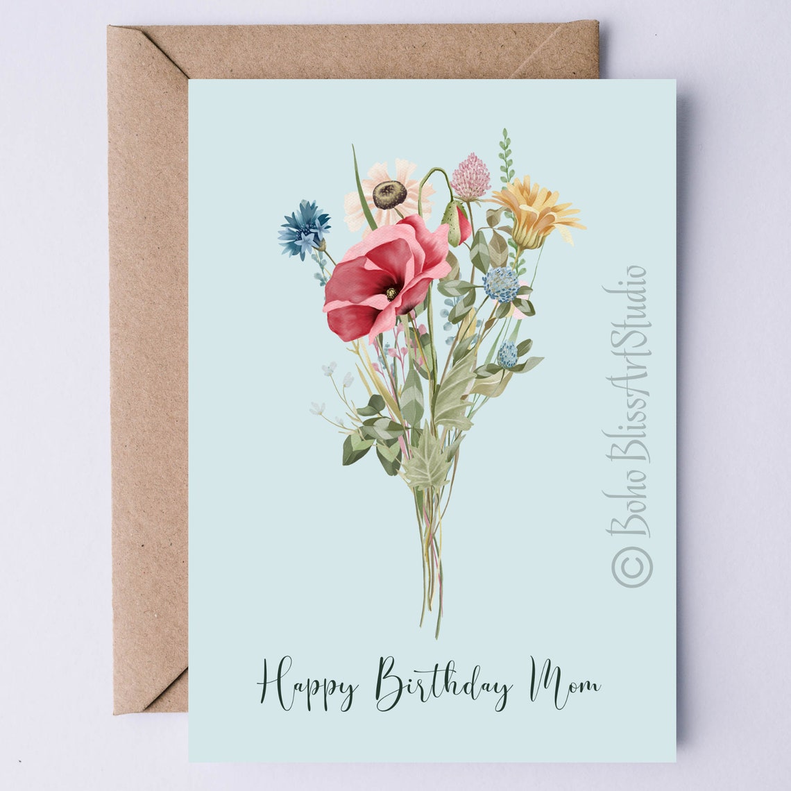 Happy Birthday Mom Wildflower Bouquet Watercolor Botanical Card Print