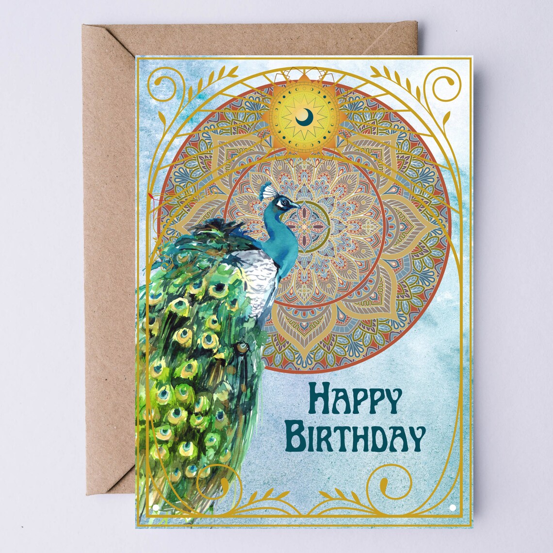 Happy Birthday Peacock Art Deco Mandala Gold Watercolor Card