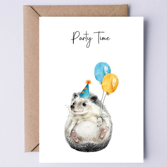 Party Time Hedgehog Birthday Card Balloons Party Hat Cute Greeting Print