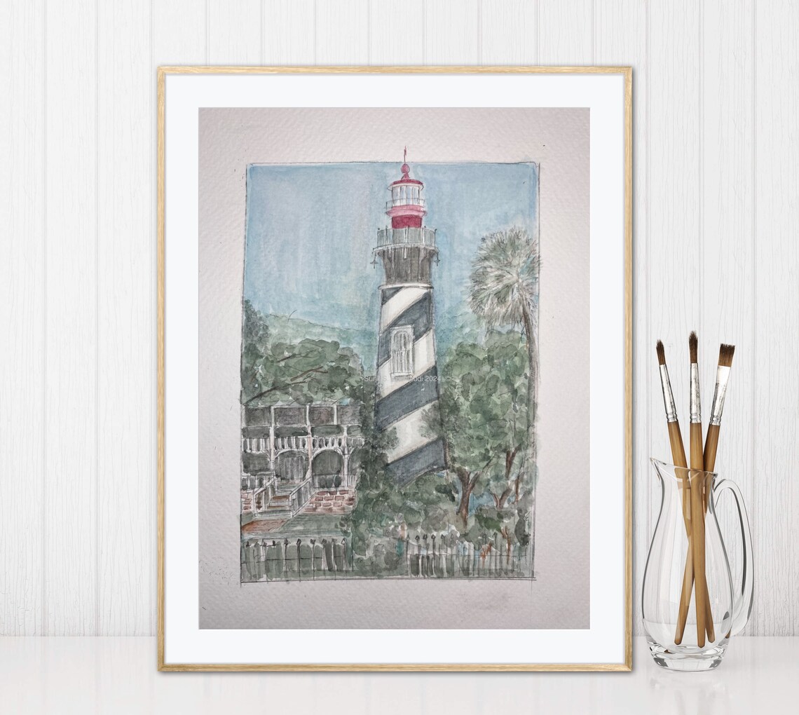St Augustine Lighthouse Florida Watercolor Coastal Palm Art Poster - Image 5