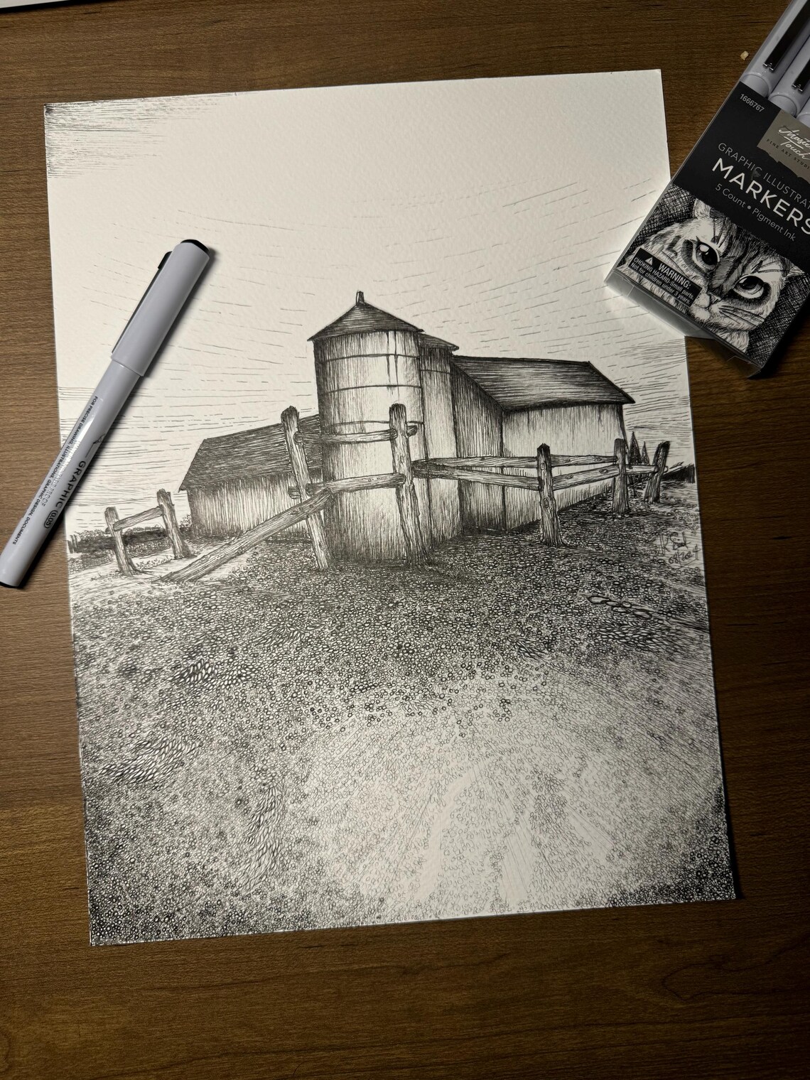 Rustic Farm Barn and Silo Pen and Ink Sketch Countryside Art Poster - Image 2