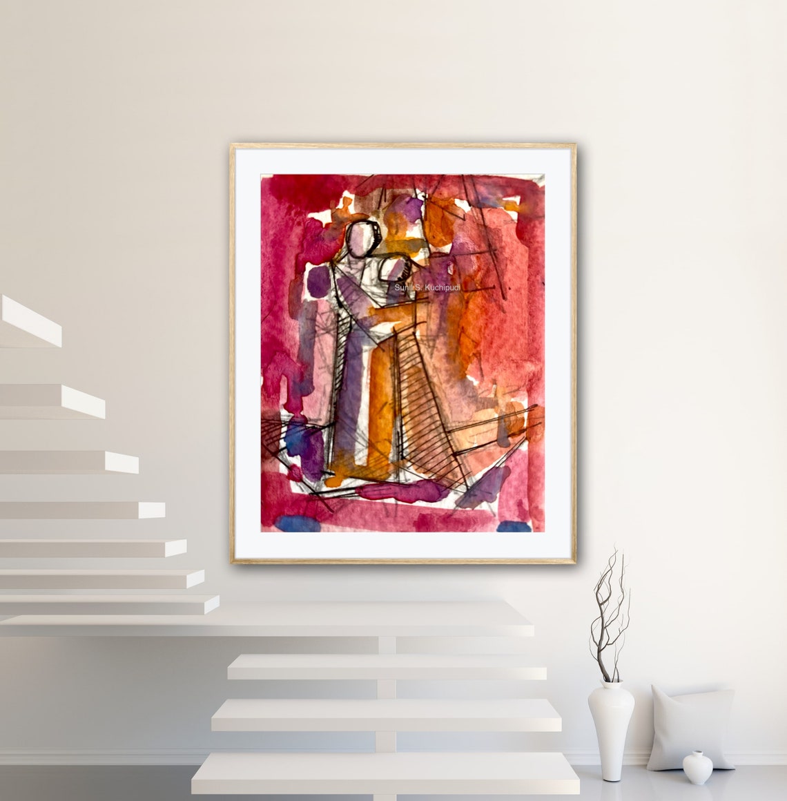 The Embrace Abstract Watercolor Warm Red Orange Couple Art Poster - Image 3