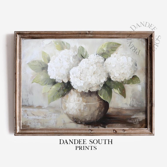 White Hydrangea Wall Art Floral Rustic Farmhouse Decor Vintage Botanical Neutral Flower 037