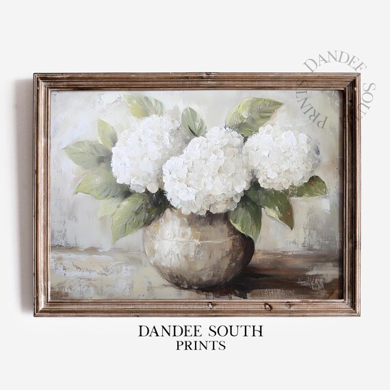 White Hydrangeas in Rustic Vase Soft Neutral Floral Painting Wall Art