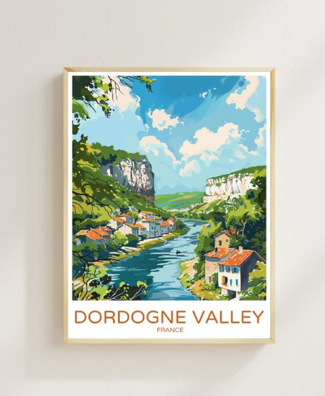 Dordogne Valley France Travel Poster With River And Village Landscape