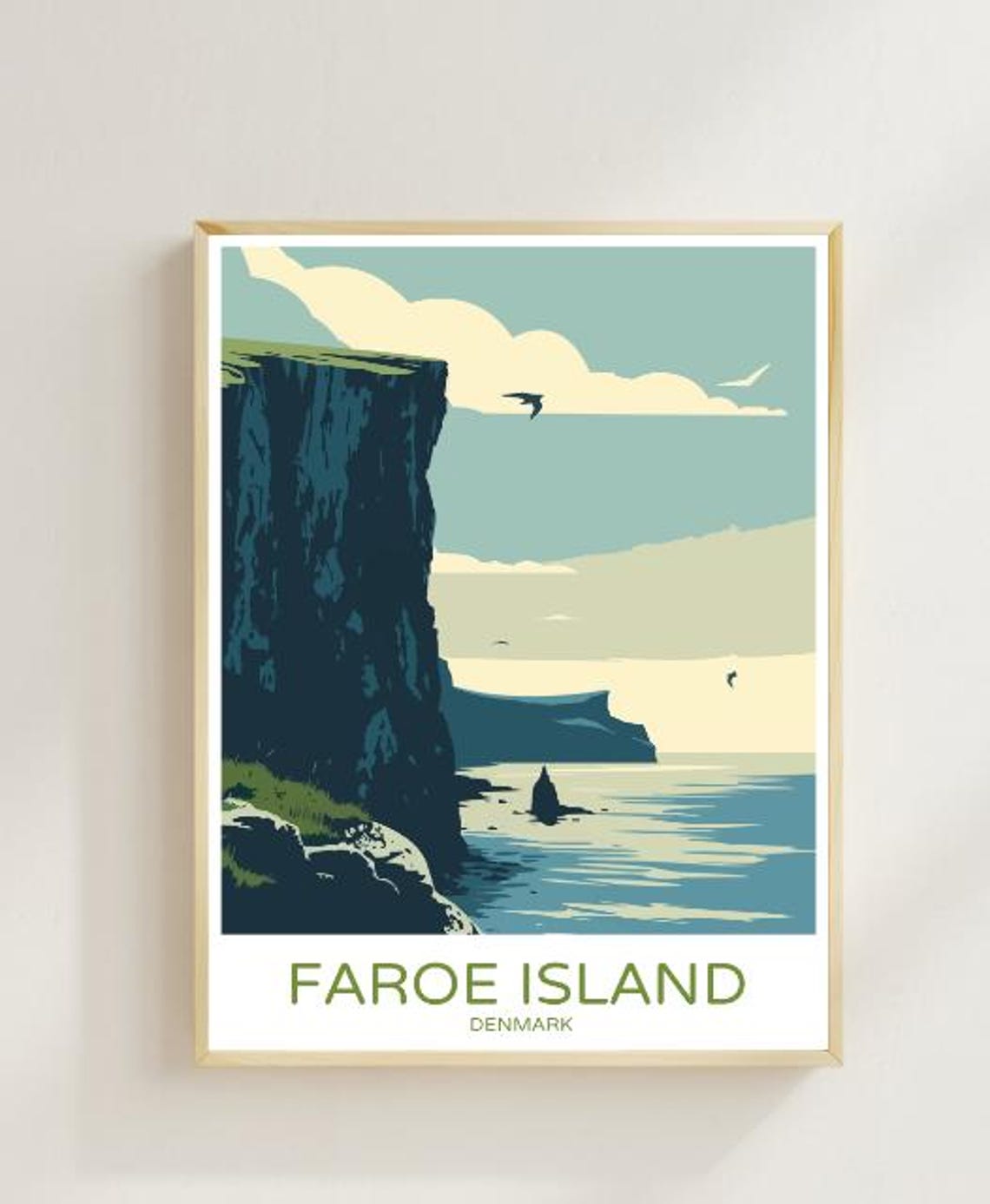 Faroe Island Denmark Dramatic Sea Cliff Vintage Travel Poster