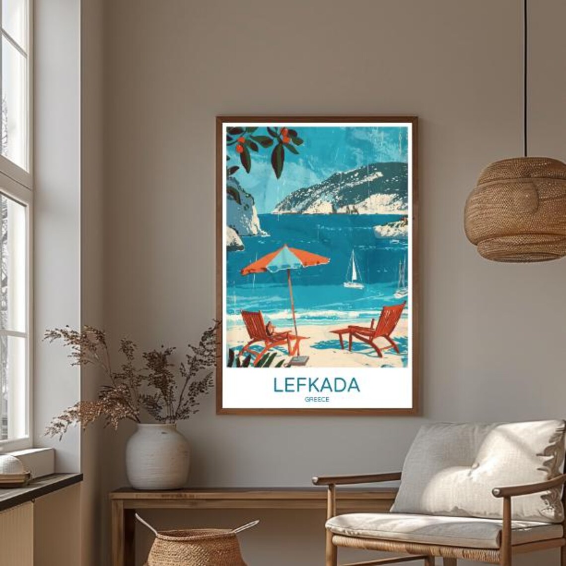 Lefkada Greece Beach Umbrella Vintage Greek Island Travel Poster - Image 3