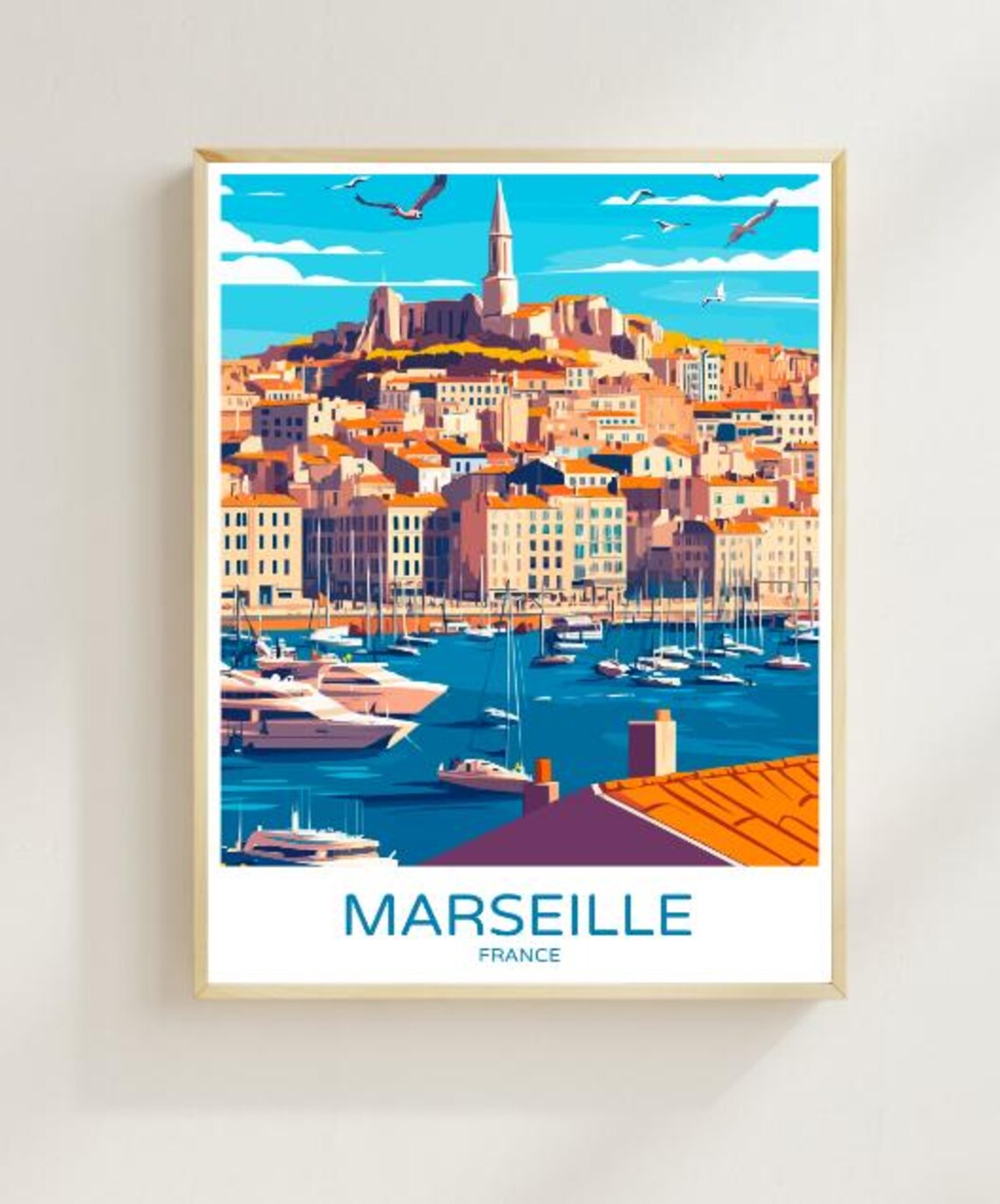 Marseille France Old Port Harbor Boats Basilica Hill Scene Poster