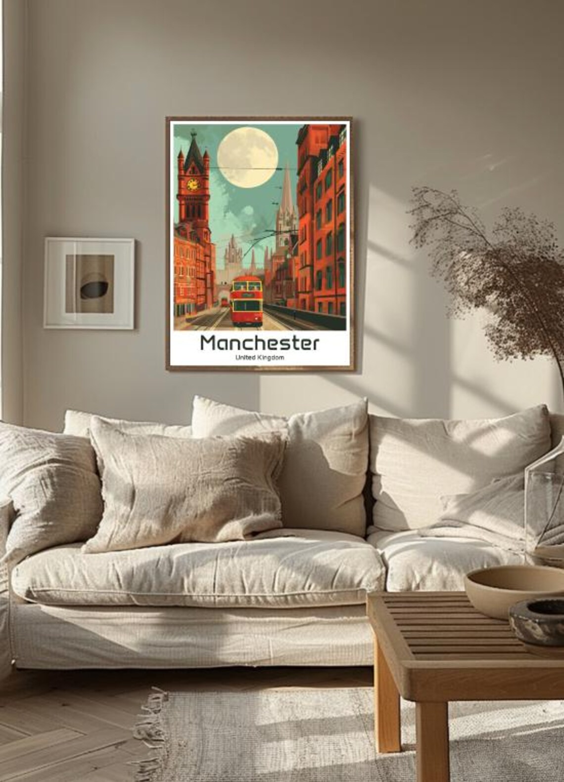 Manchester Vintage Tram Cityscape Travel Poster Under Full Moon - Image 3