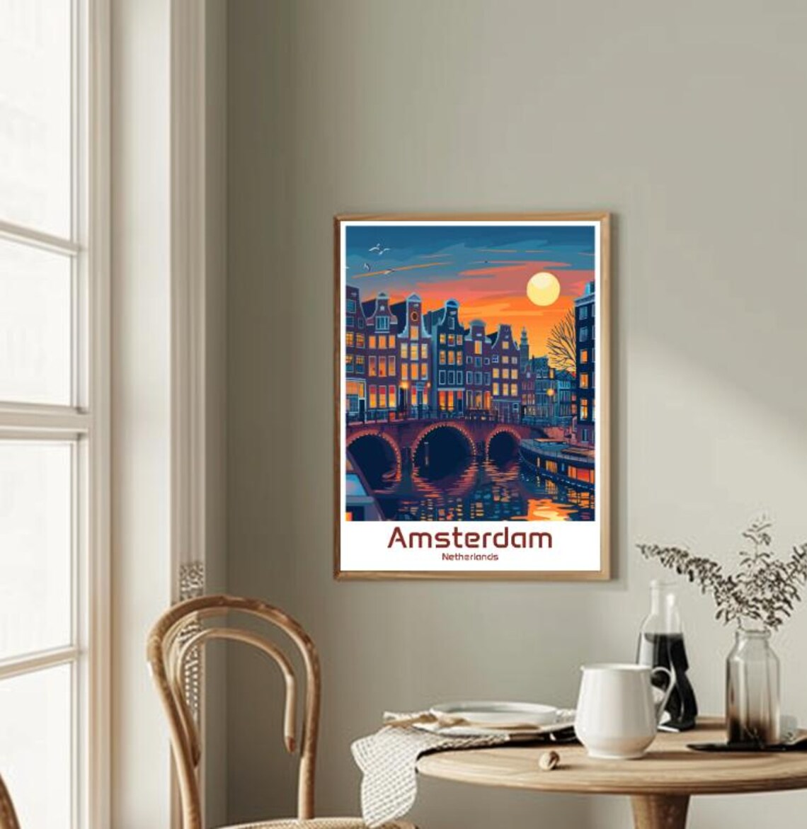 Amsterdam Netherlands Canal Moonrise Gabled Houses Night Travel Poster - Image 2