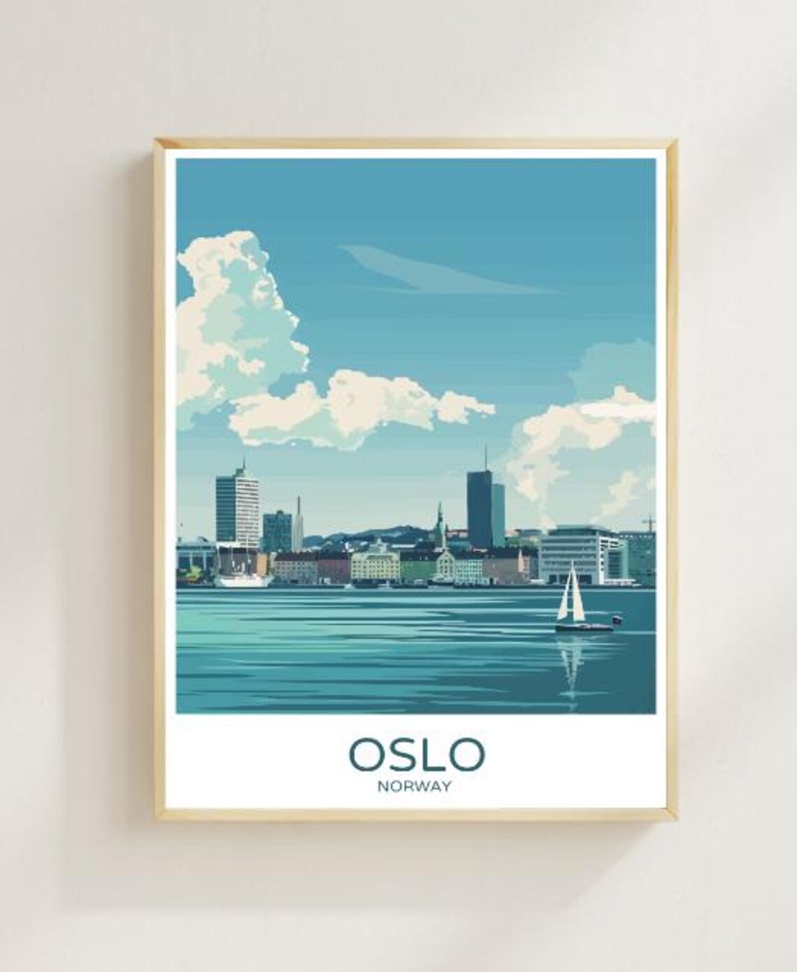 Oslo Norway Travel Poster Harbor Skyline Sailboat Fjord Scandinavian Decor