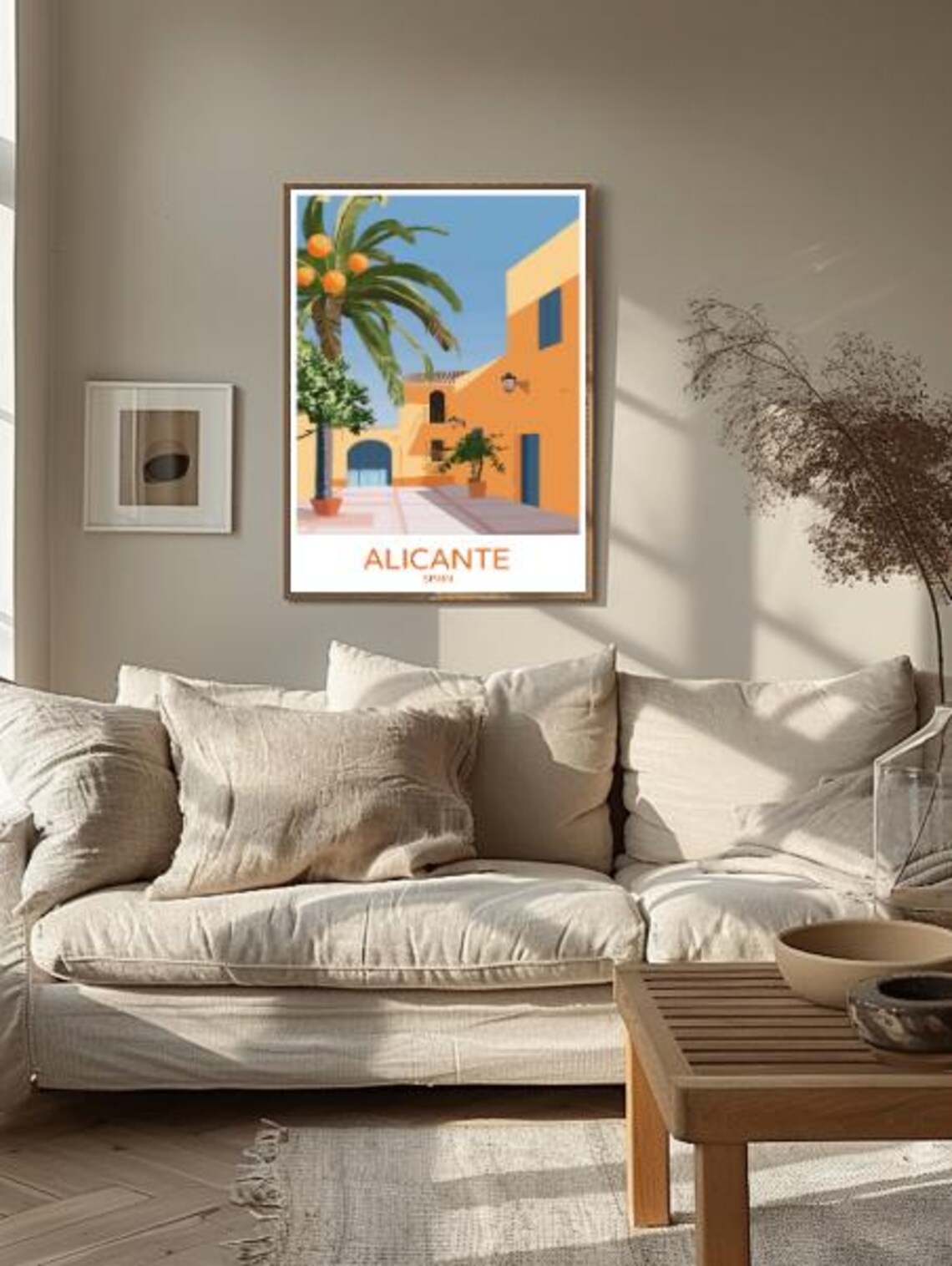 Alicante Spain Travel Poster Palm Courtyard Orange Buildings View Decor - Image 2