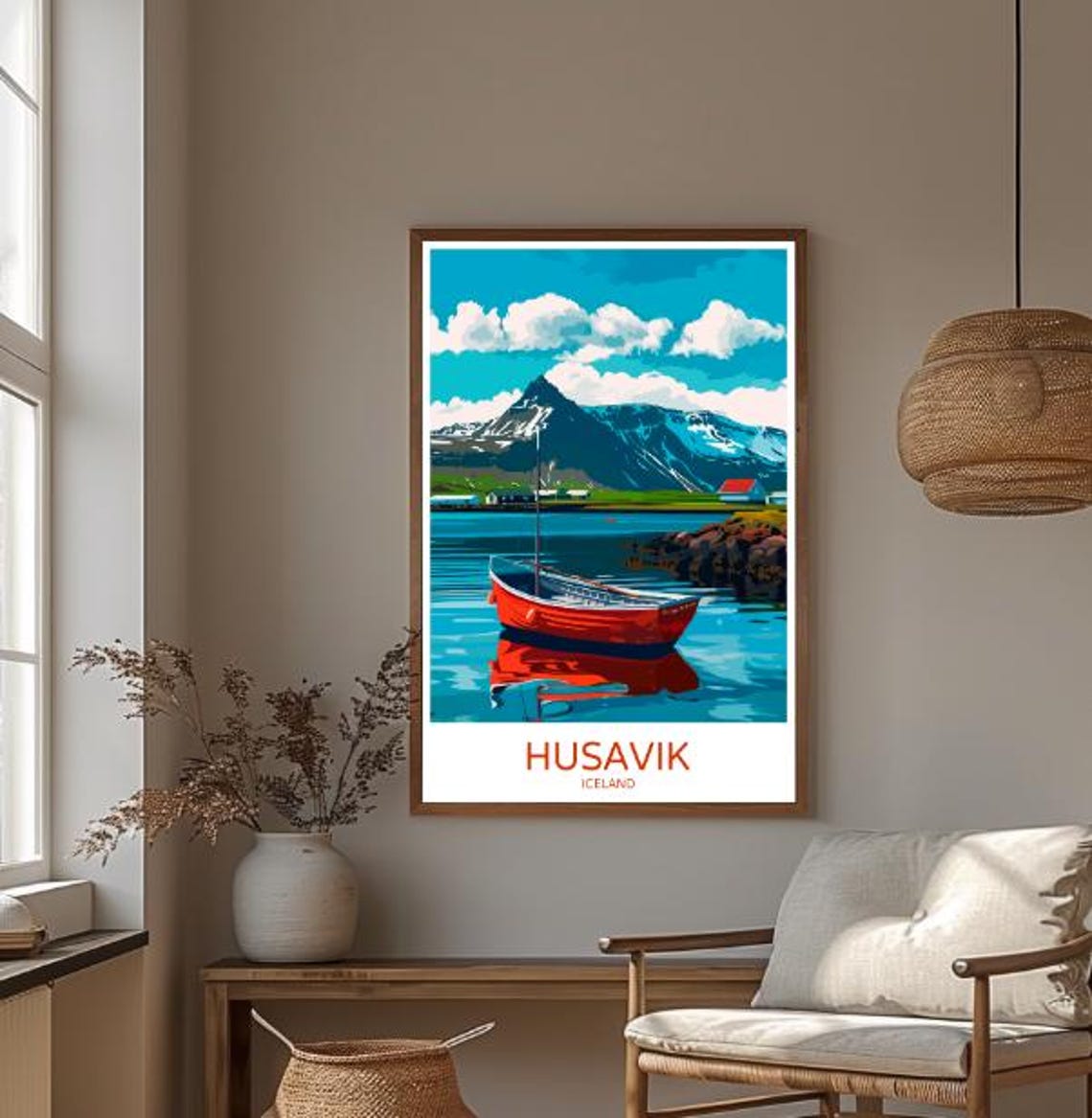 Husavik Iceland Red Fishing Boat Harbor Snowy Mountain Poster - Image 3