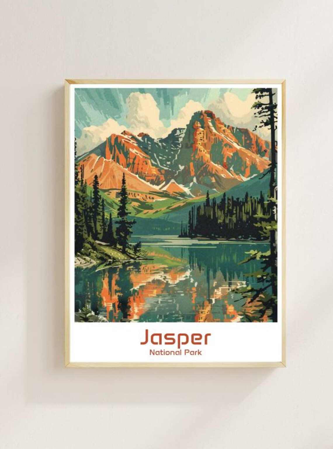 Jasper National Park Rocky Peaks Mirror Lake Vintage Travel Poster