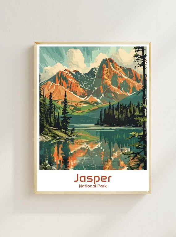 Jasper National Park Rocky Peaks Mirror Lake Vintage Travel Poster
