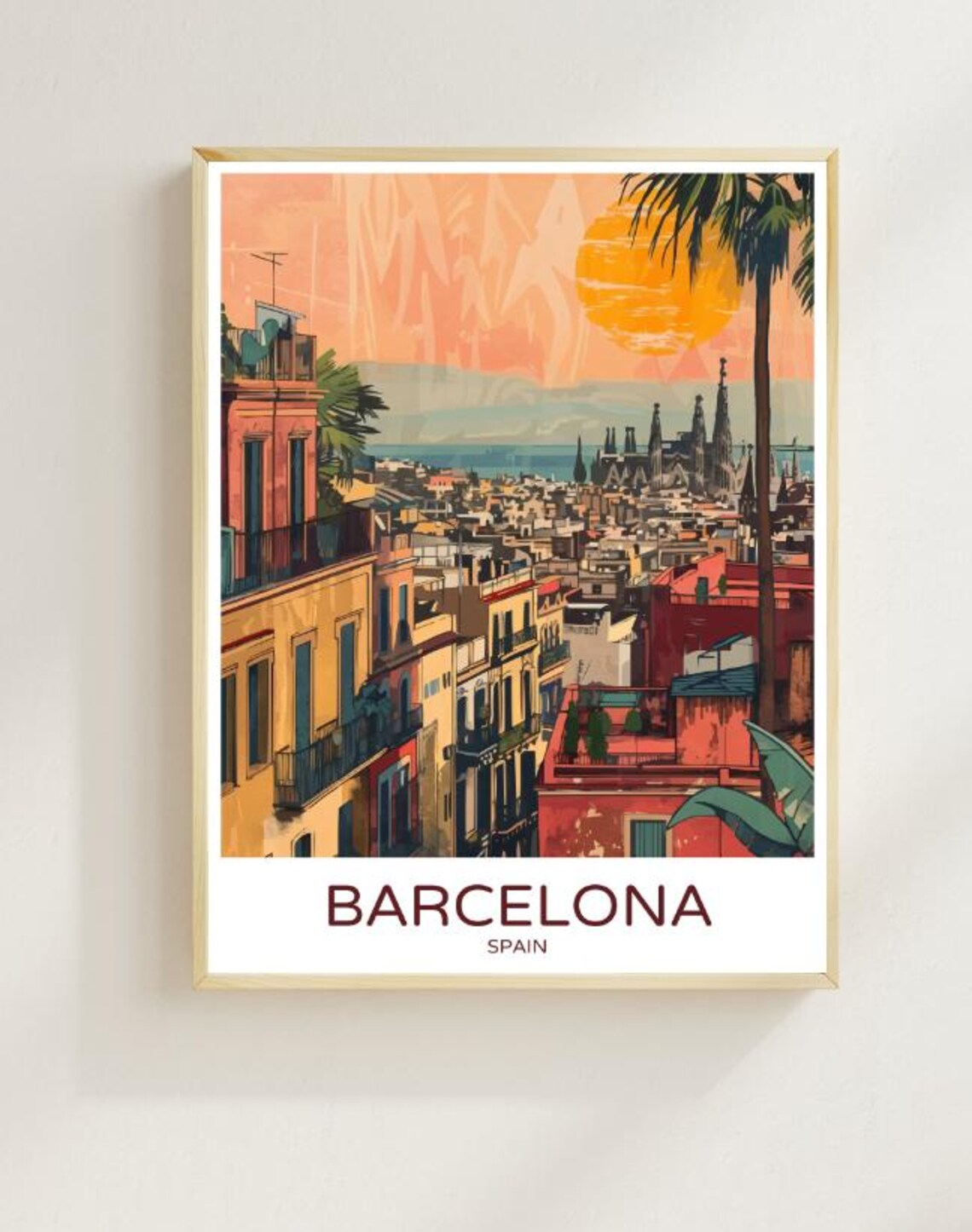 Barcelona Spain Cityscape Sunset Sagrada Familia Vintage Travel Poster