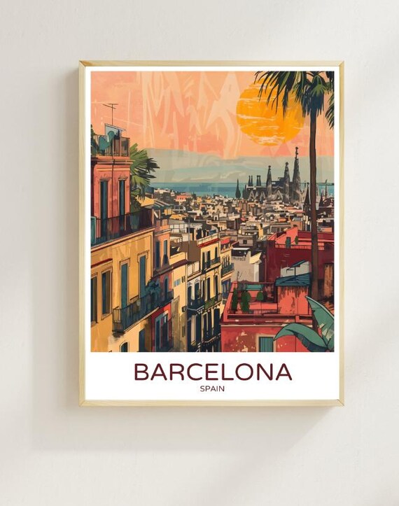 Barcelona Spain Cityscape Sunset Sagrada Familia Vintage Travel Poster