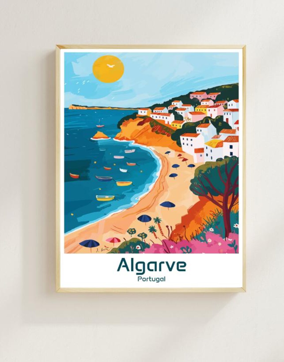 Algarve Portugal Sunny Beach Cliffs Boats Vintage Travel Poster