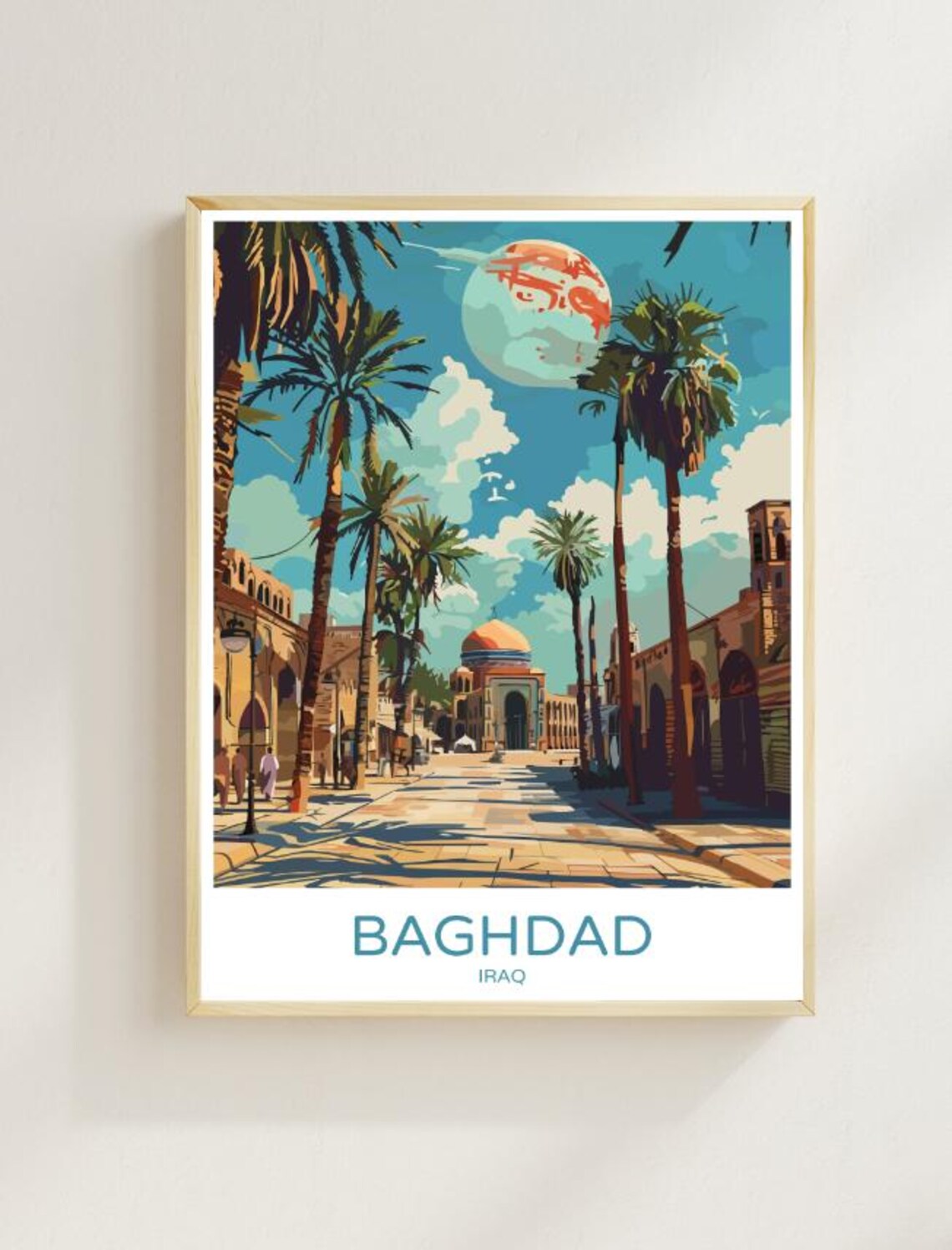 Baghdad Iraq Historic Cityscape Palm Lined Vintage Travel Poster