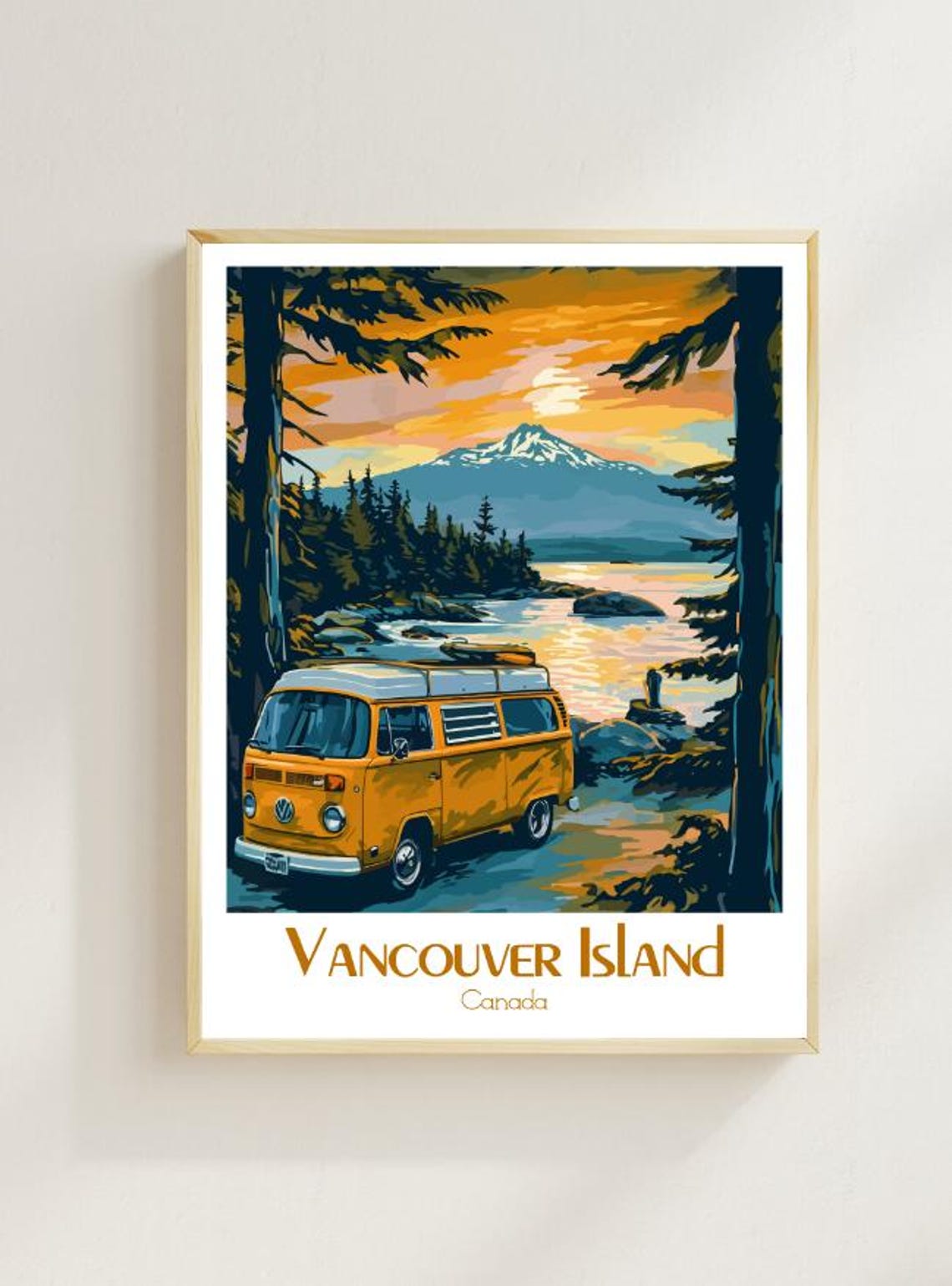 Vancouver Island Camper Van by a Mountain Lake at Sunset Poster