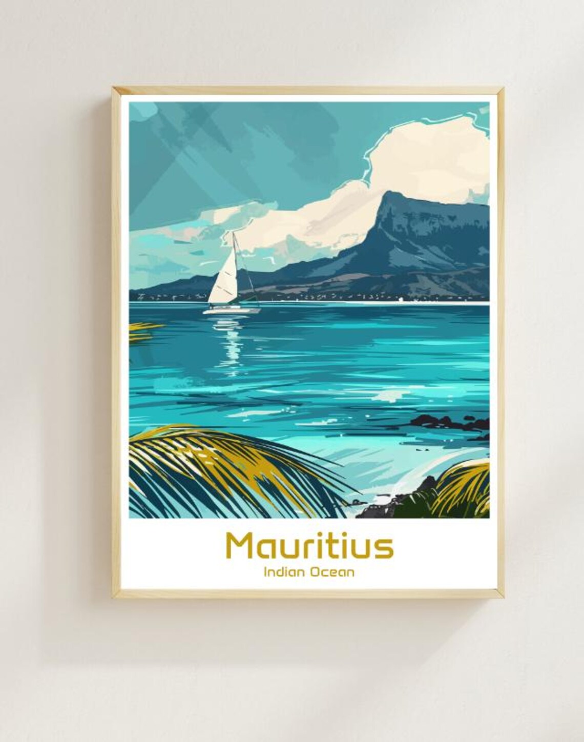 Mauritius Indian Ocean Travel Poster Tropical Sailboat Beach Scene